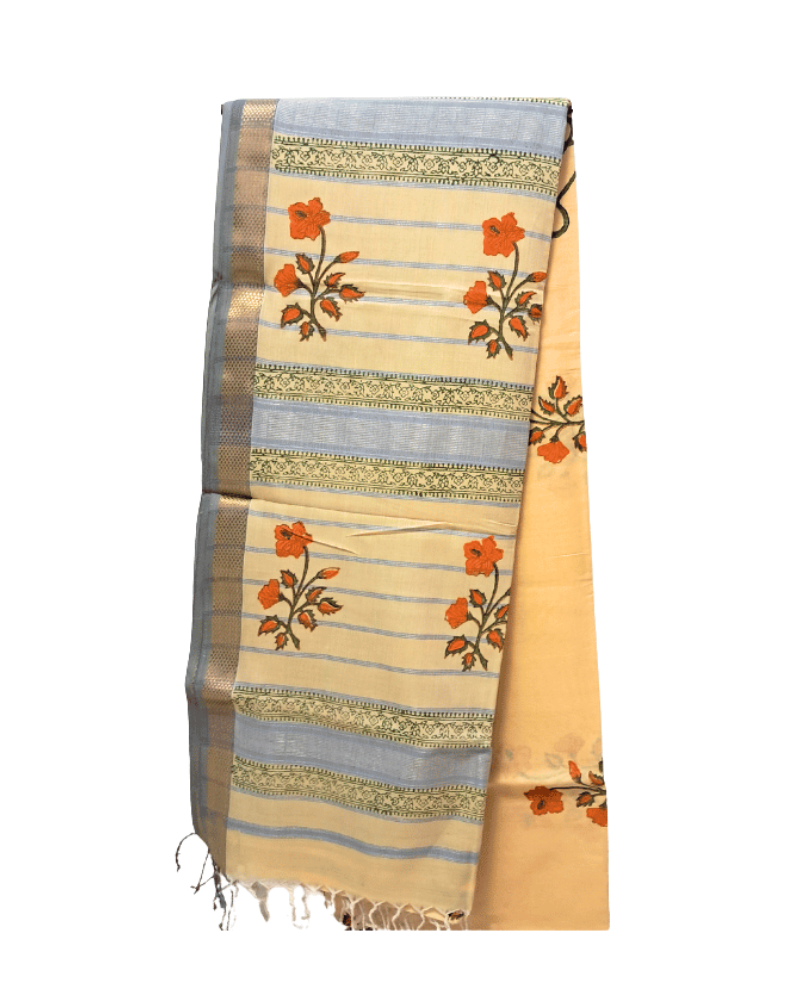 Saree: Maheshwari Cotton with Zari Border & Block Print