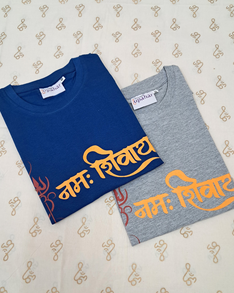 Om Namah Shivaya Cotton T-Shirt - Grey and Blue