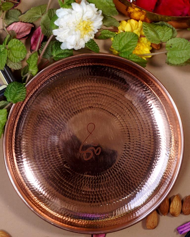 Copper Puja Thali with Om Small - Hand-Beaten Prayer Platter