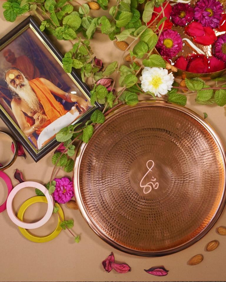Copper Puja Thali with Om Large - Hand-Beaten Prayer Platter