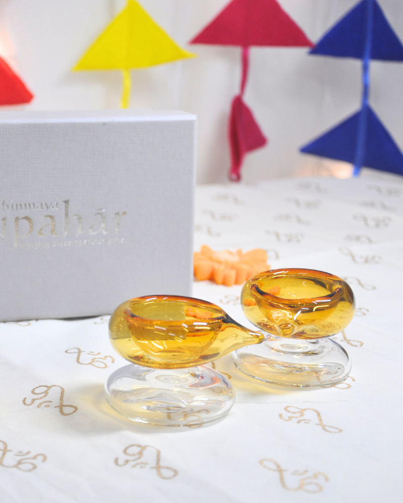 Amber Glass Diya – Handblown Festive Lamps (Set of 2)
