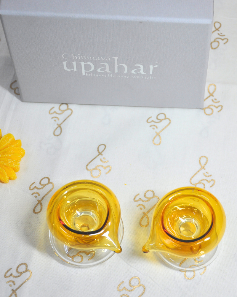 Amber Glass Diya – Handblown Festive Lamps (Set of 2)