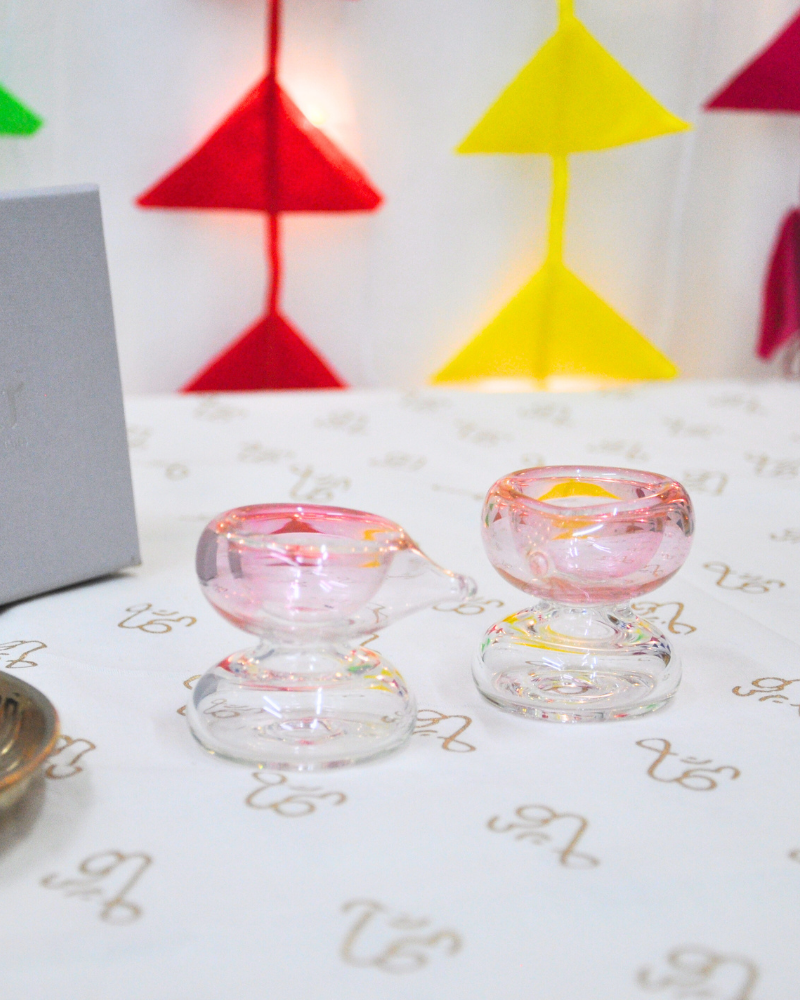 Pink Glass Diya – Handblown Festive Lamps (Set of 2)