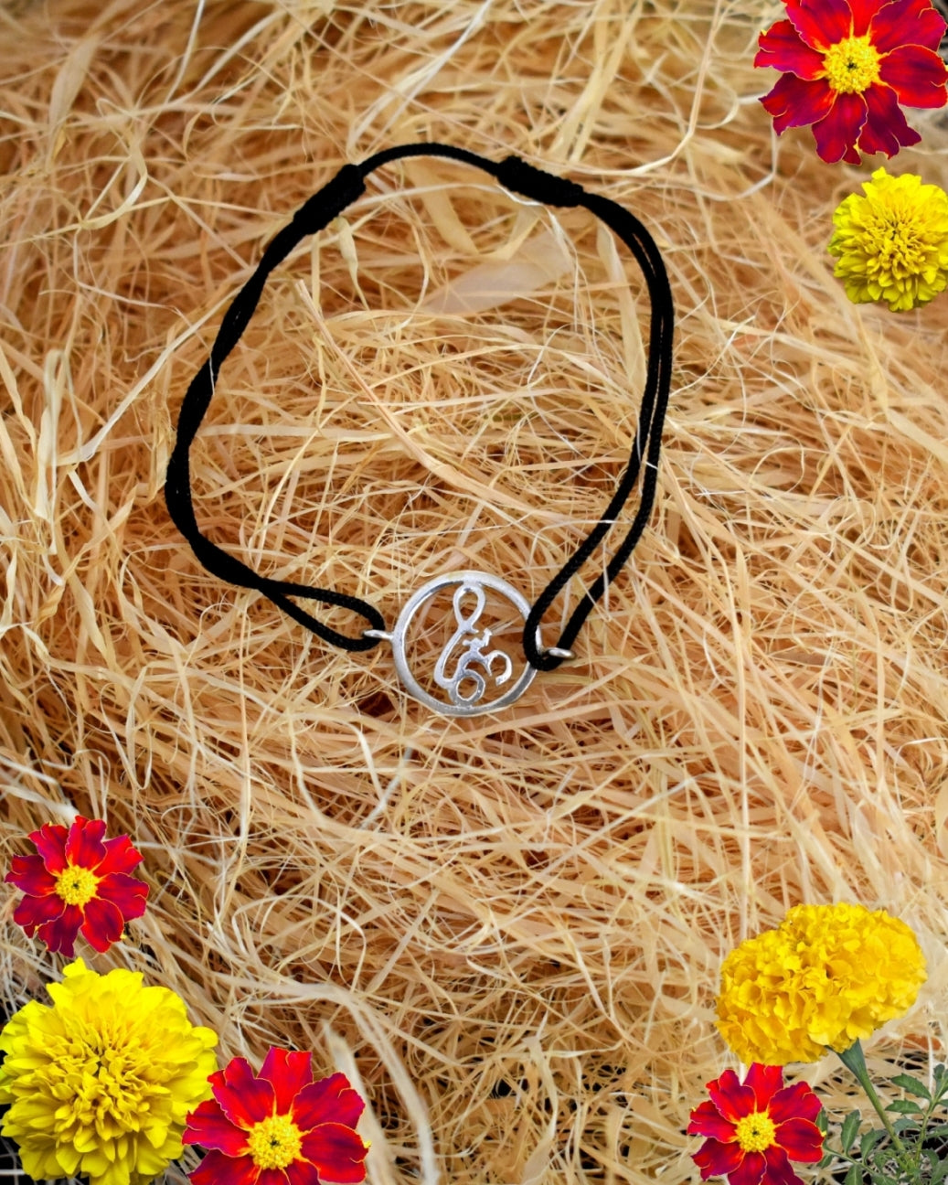 Bracelet: Silver Om with Adjustable Thread