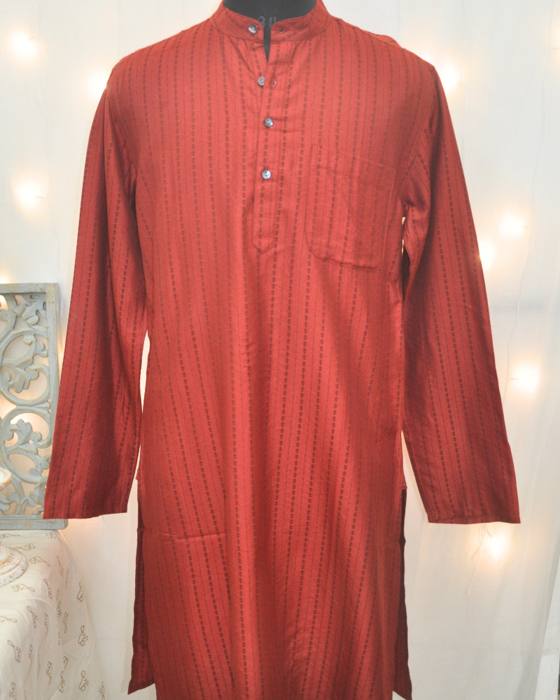 Men’s Silk Viscose Kurta with Woven Self Stripes – Brick Red