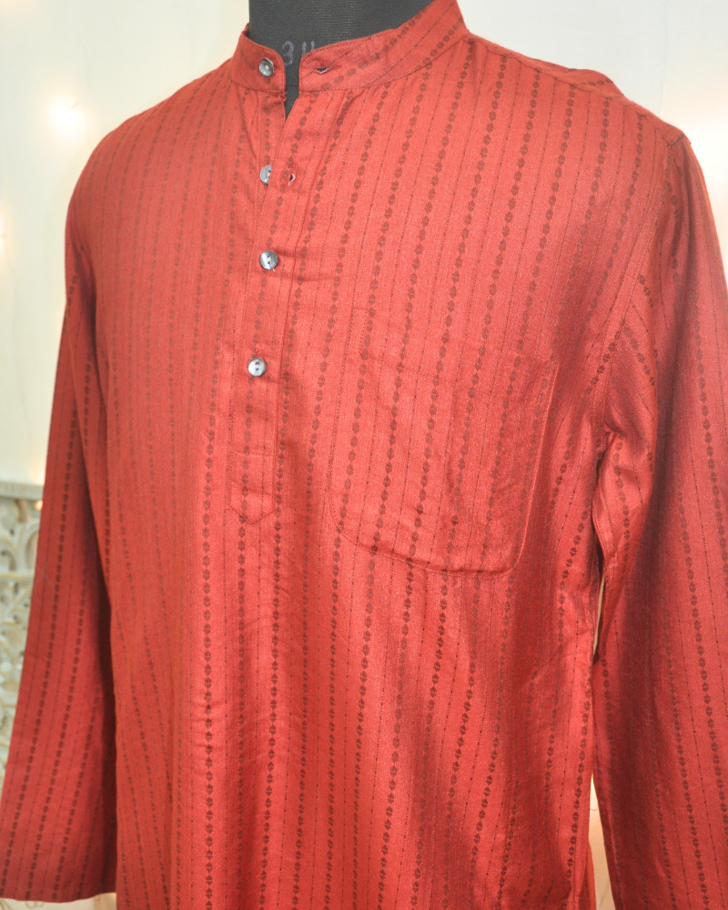 Men’s Silk Viscose Kurta with Woven Self Stripes – Brick Red