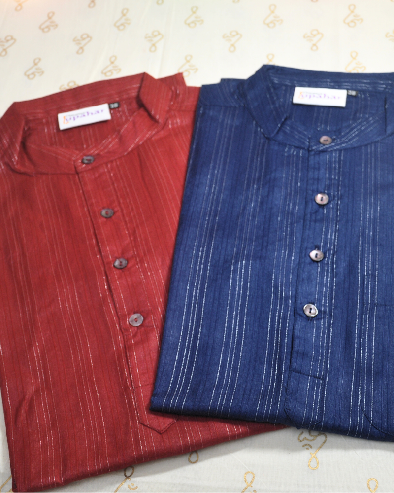 Men’s Silk Viscose Kurta with Silver Pinstripes – Deep Blue & Brick Red