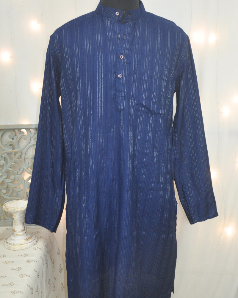 Men’s Silk Viscose Kurta with Silver Pinstripes – Deep Blue & Brick Red