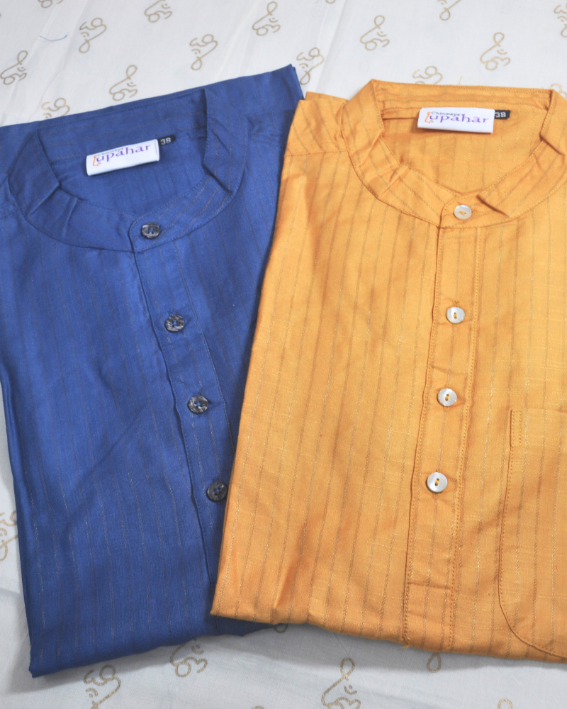 Men’s Silk Viscose Kurta with Woven Self-Stripes – Blue & Golden Mustard