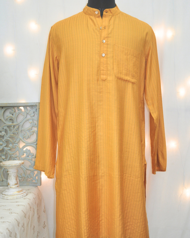 Men’s Silk Viscose Kurta with Woven Self-Stripes – Blue & Golden Mustard
