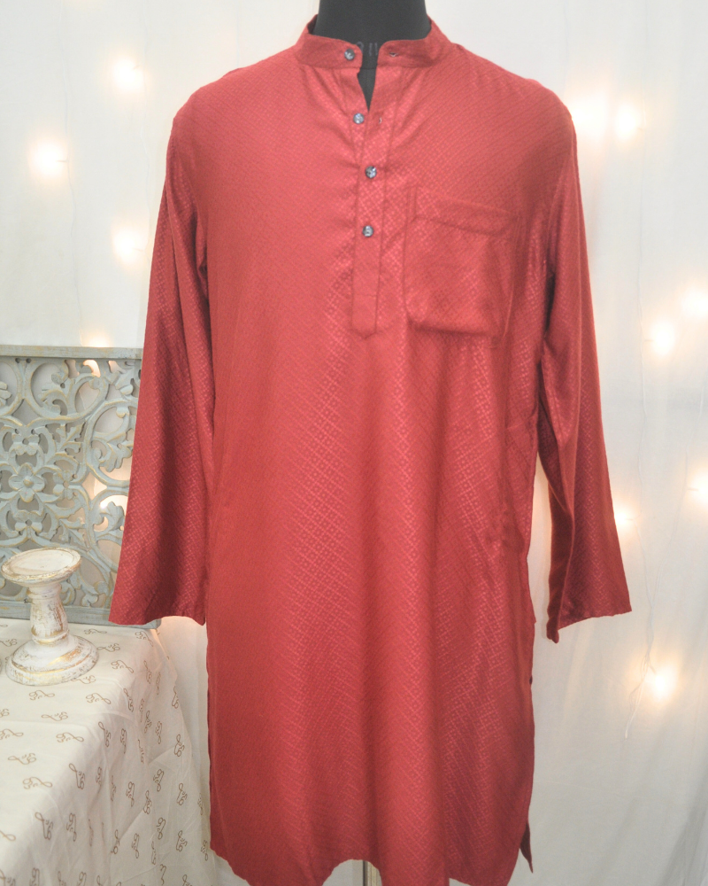 Men’s Silk Viscose Kurta with Woven Diamond Pattern – Brick Red