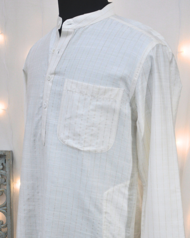 Men’s Silk Viscose Kurta with Woven Self-Stripes – Off White