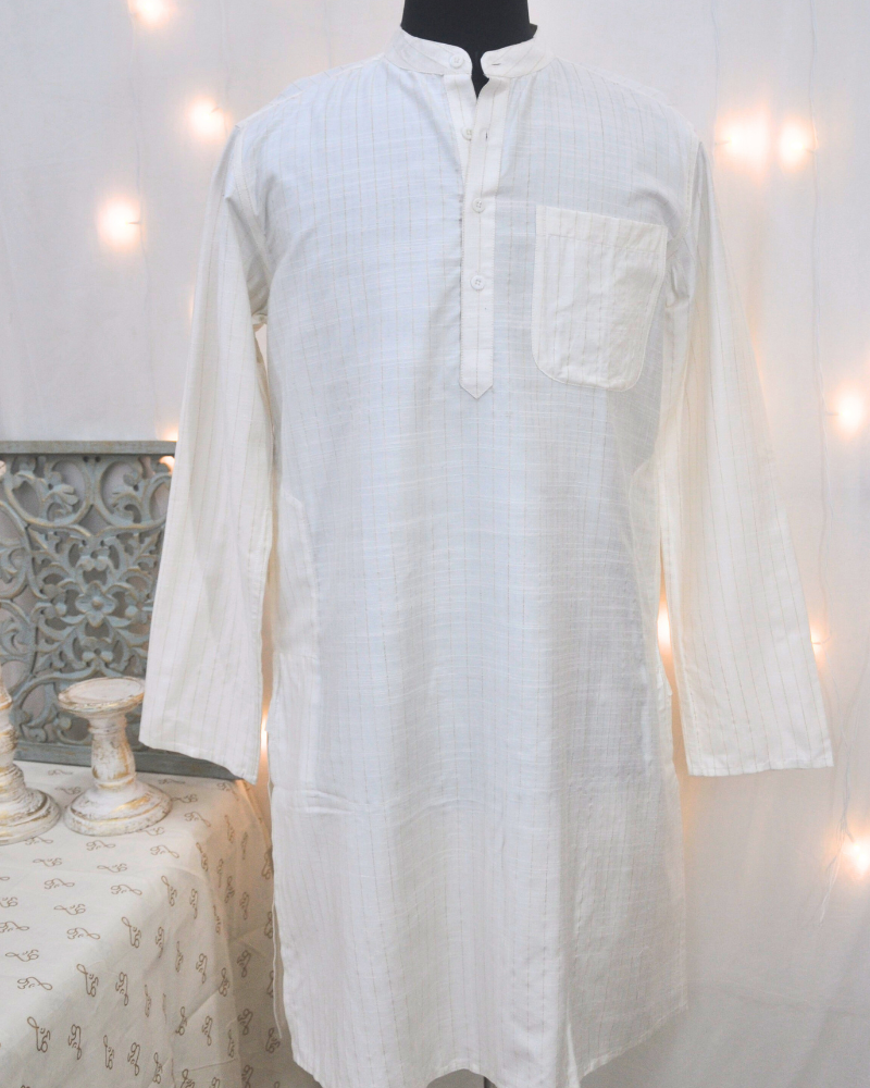 Men’s Silk Viscose Kurta with Woven Self-Stripes – Off White