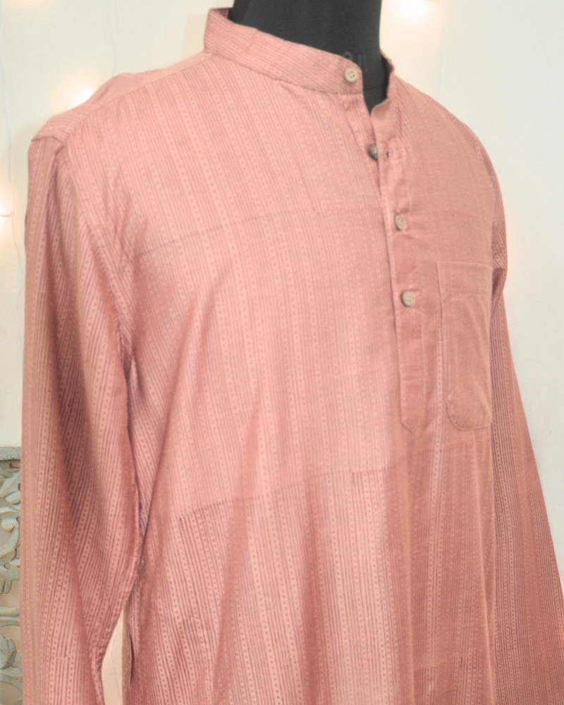 Men’s Silk Cotton Kurta with Printed Stripes – Rose Pink