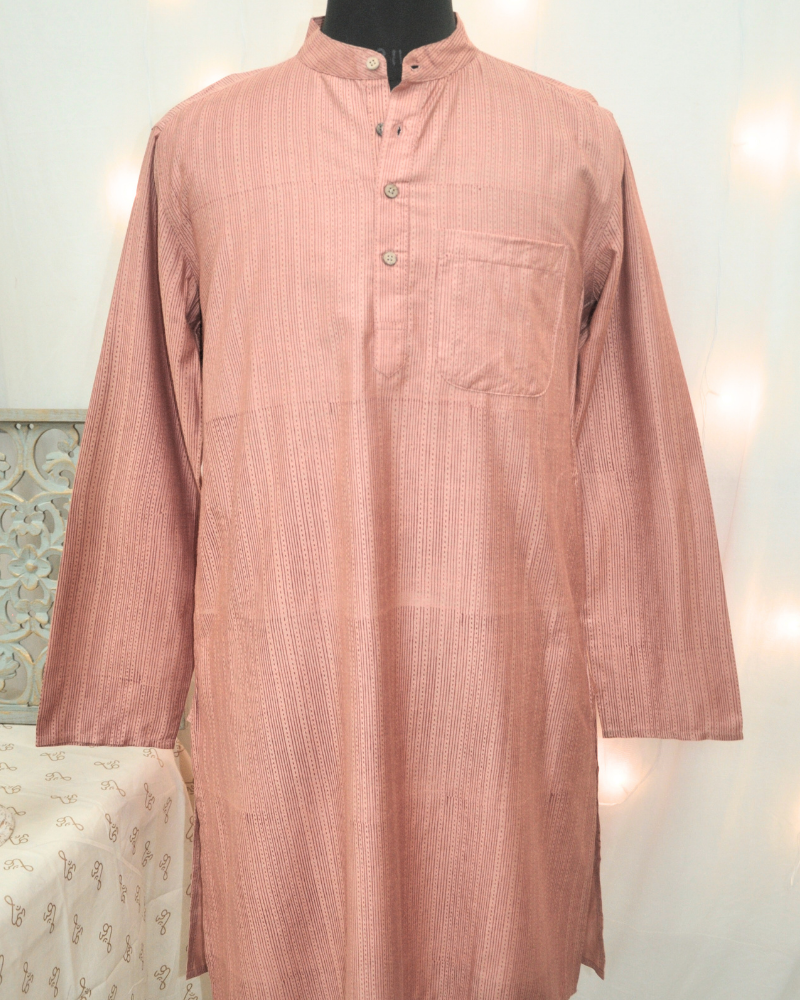 Men’s Silk Cotton Kurta with Printed Stripes – Rose Pink