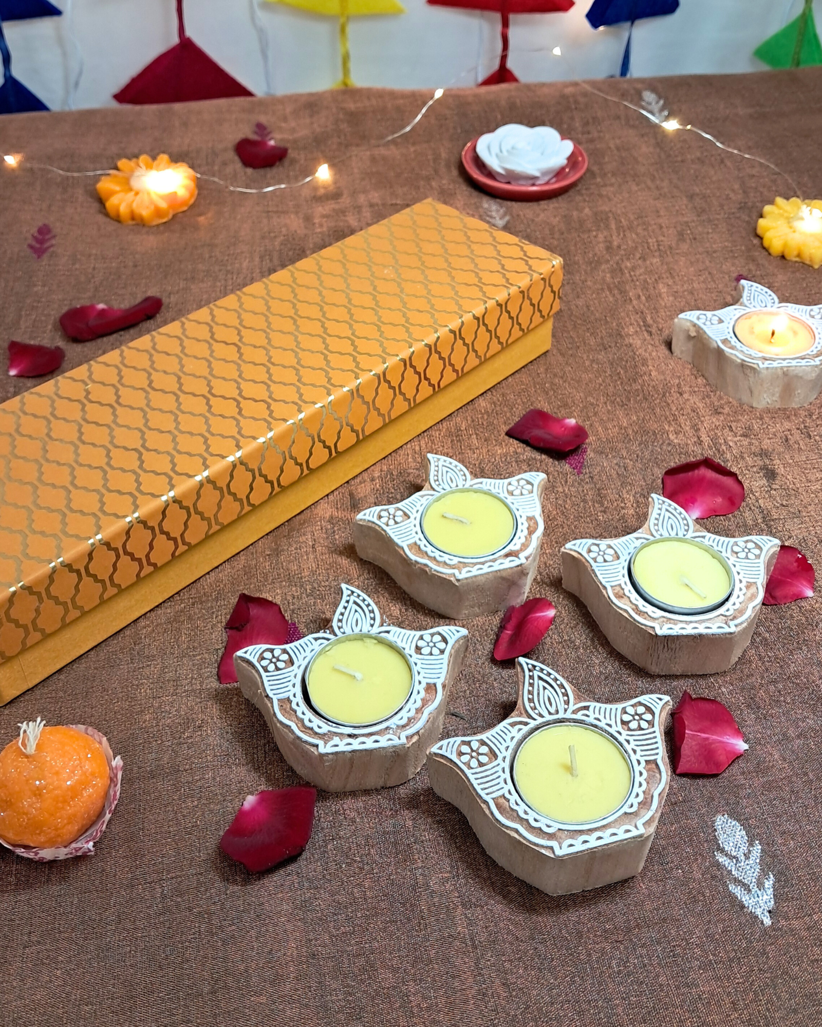 Deepam Gift Box – Wooden Block T-light Holder (Set of 4)
