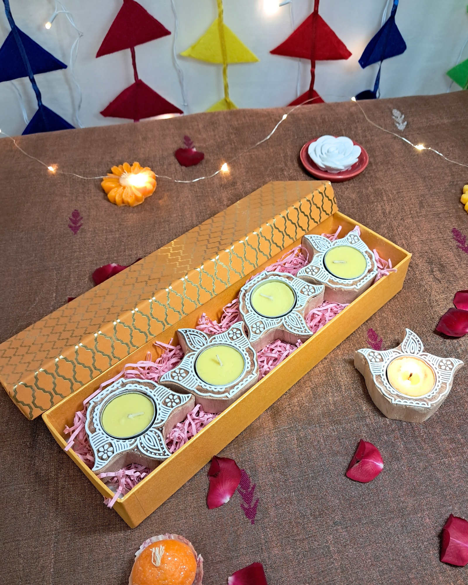 Deepam Gift Box – Wooden Block T-light Holder (Set of 4)