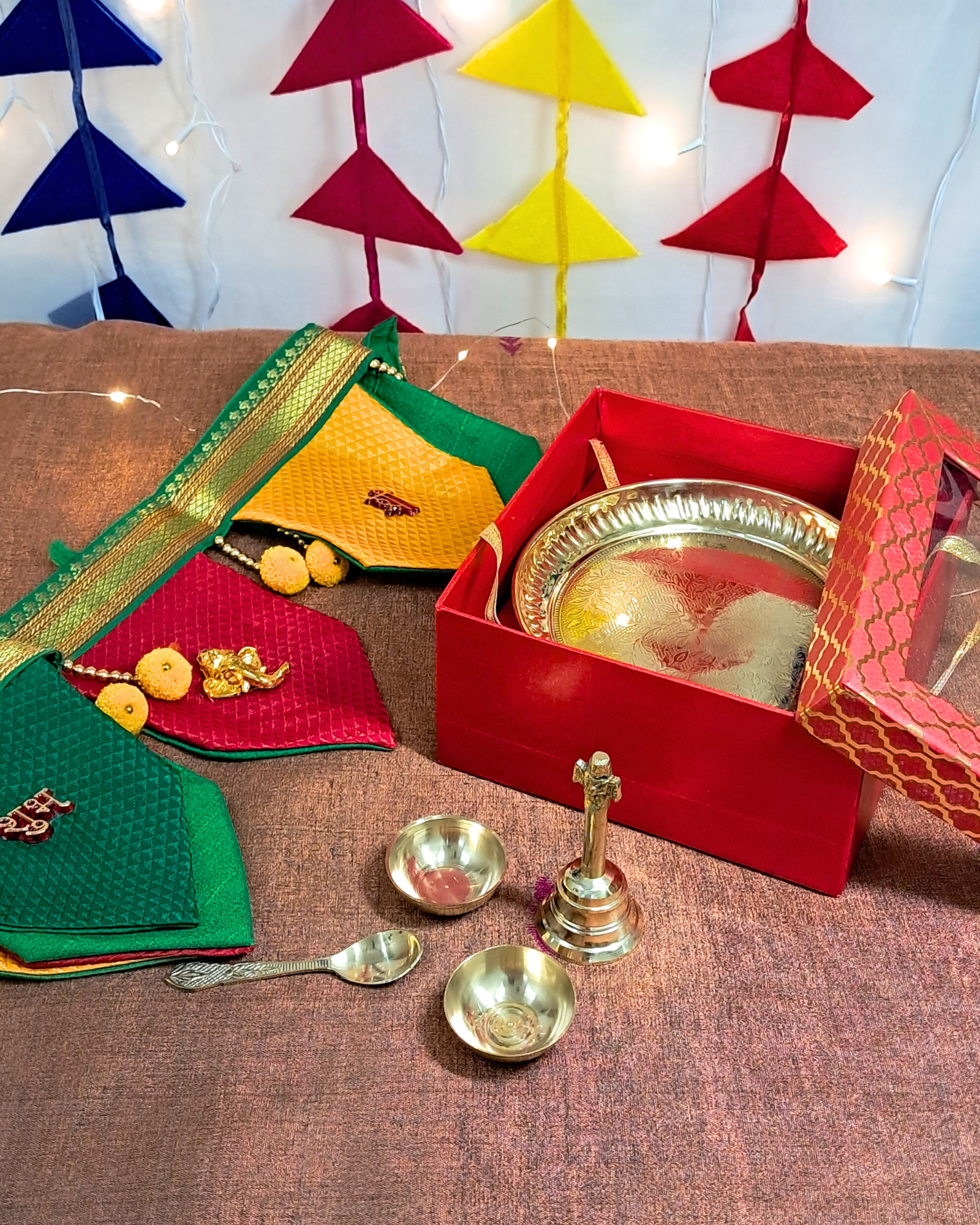 Sanskriti Gift Box – Brass Puja Thali Set with Khun Toran