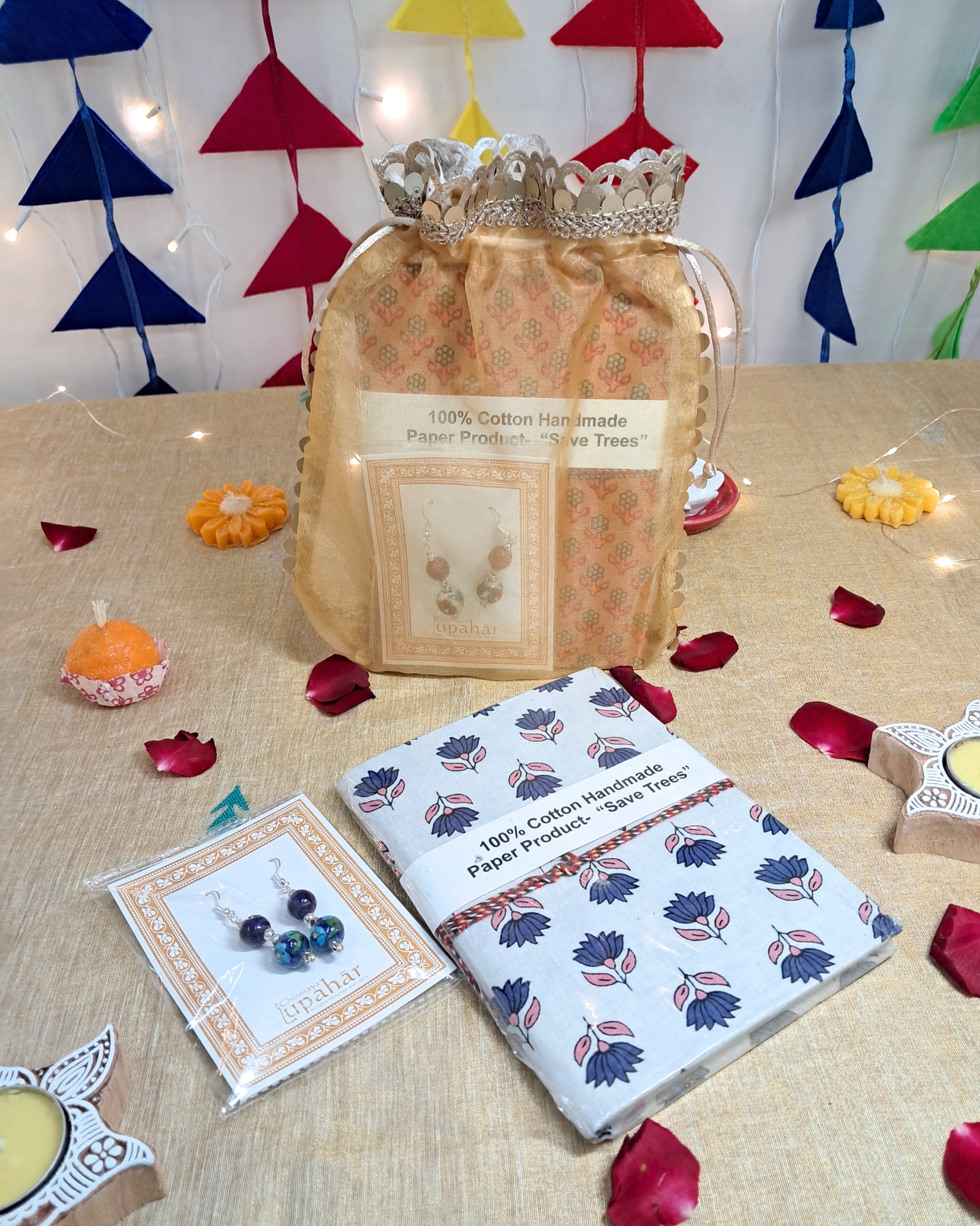 Akshara Gift Box – Handmade Blue Pottery Earrings with Handmade Paper Notebook