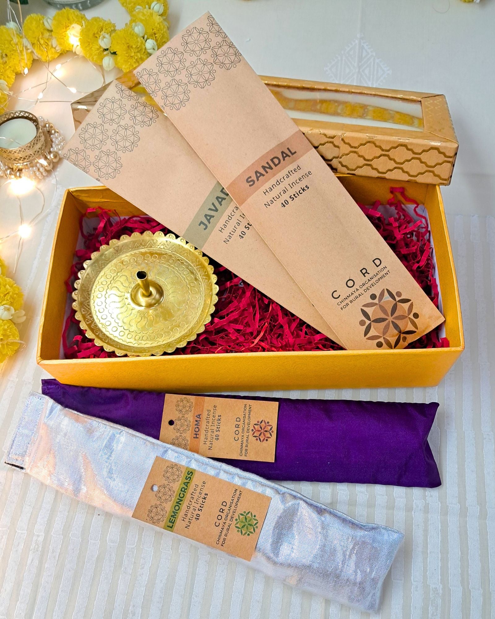 Diwali Gift Box - Incense Holder with 4 Packs of Natural Agarbattis