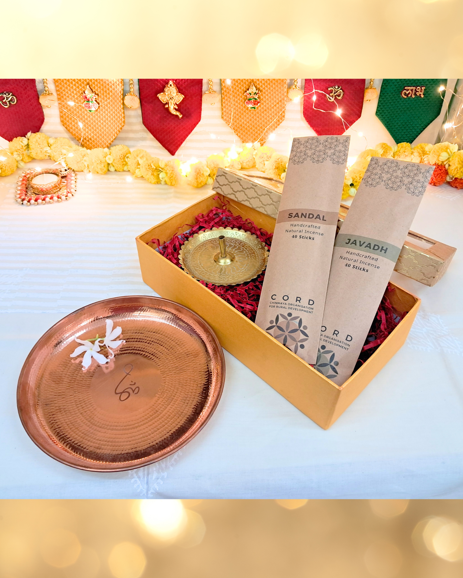 Diwali Gift Box - Copper Thali, Brass Incense Holder with 2 Packs of Natural Agarbattis