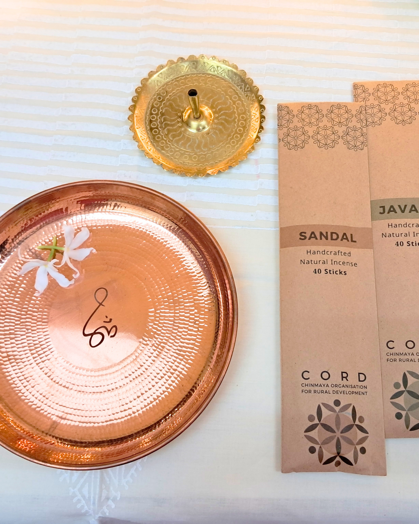 Diwali Gift Box - Copper Thali, Brass Incense Holder with 2 Packs of Natural Agarbattis