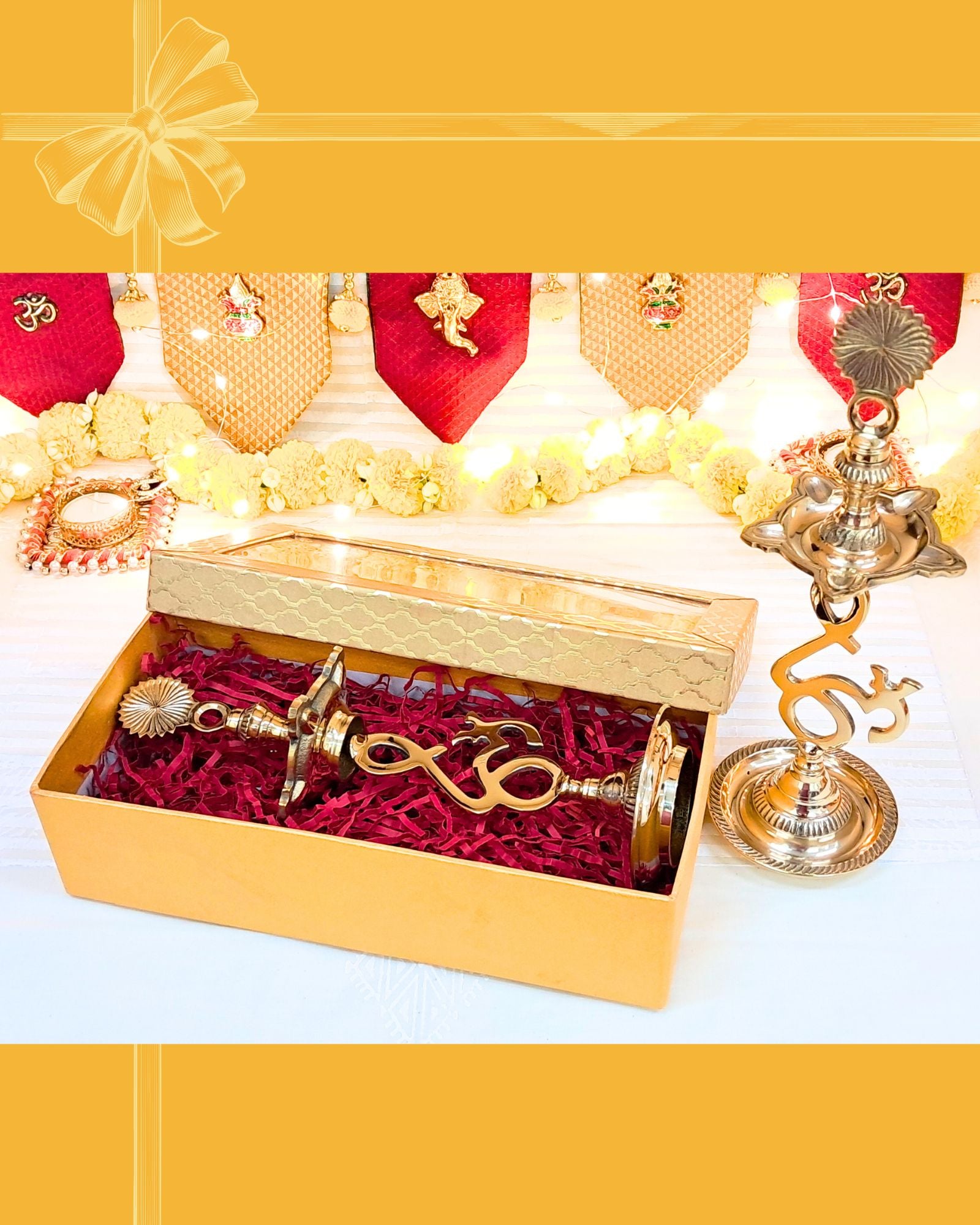 Diwali Gift Box – Pack of 2 Brass Om Lamps (10")