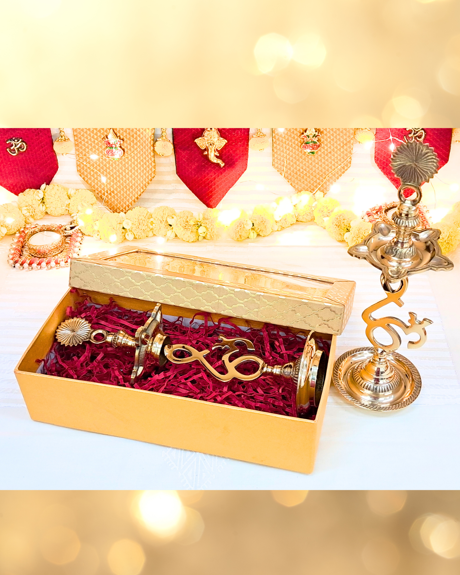 Diwali Gift Box – Pack of 2 Brass Om Lamps (10")