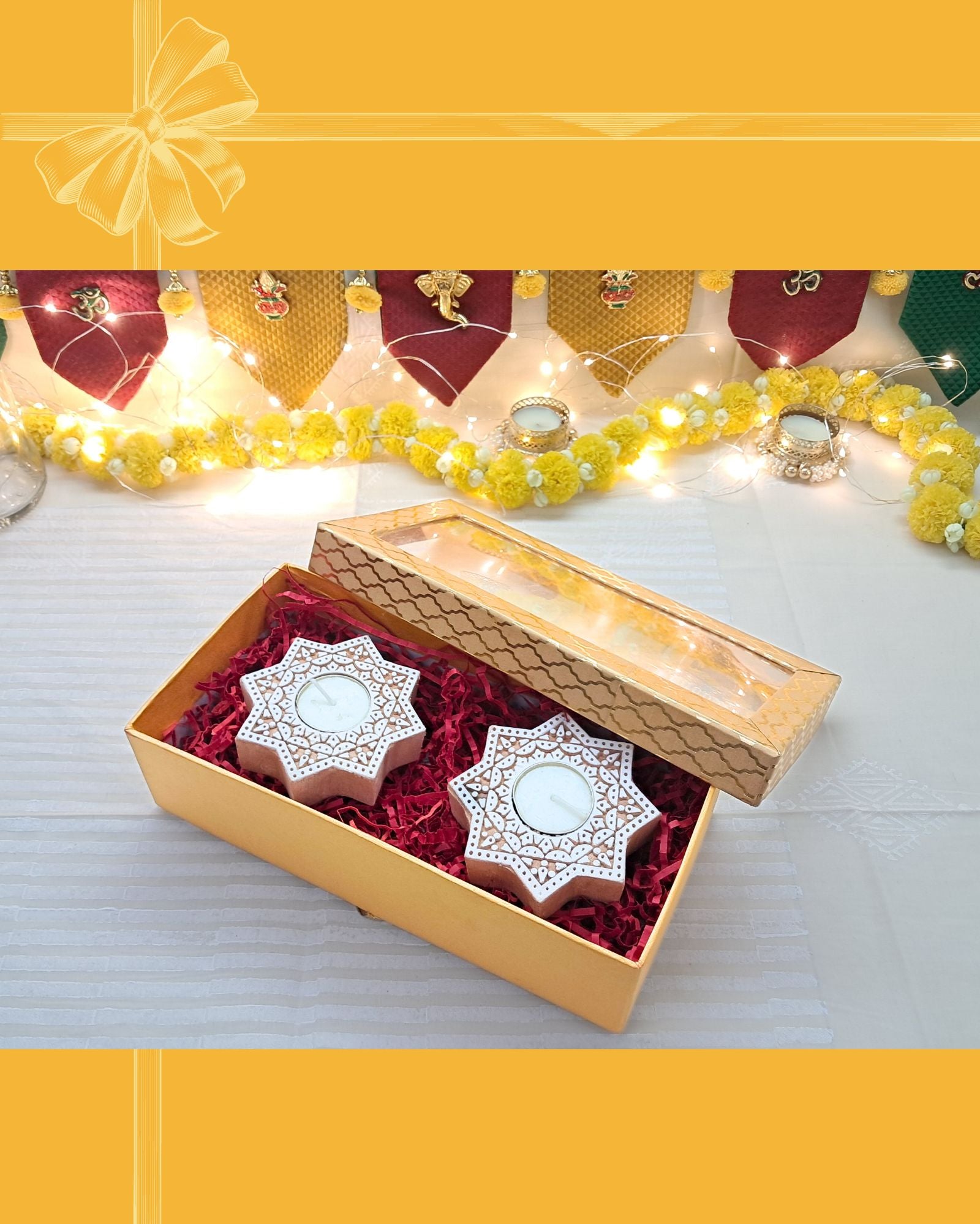 Diwali Gift Box – Wooden Block Carved Tealight Holders (Set of 2)