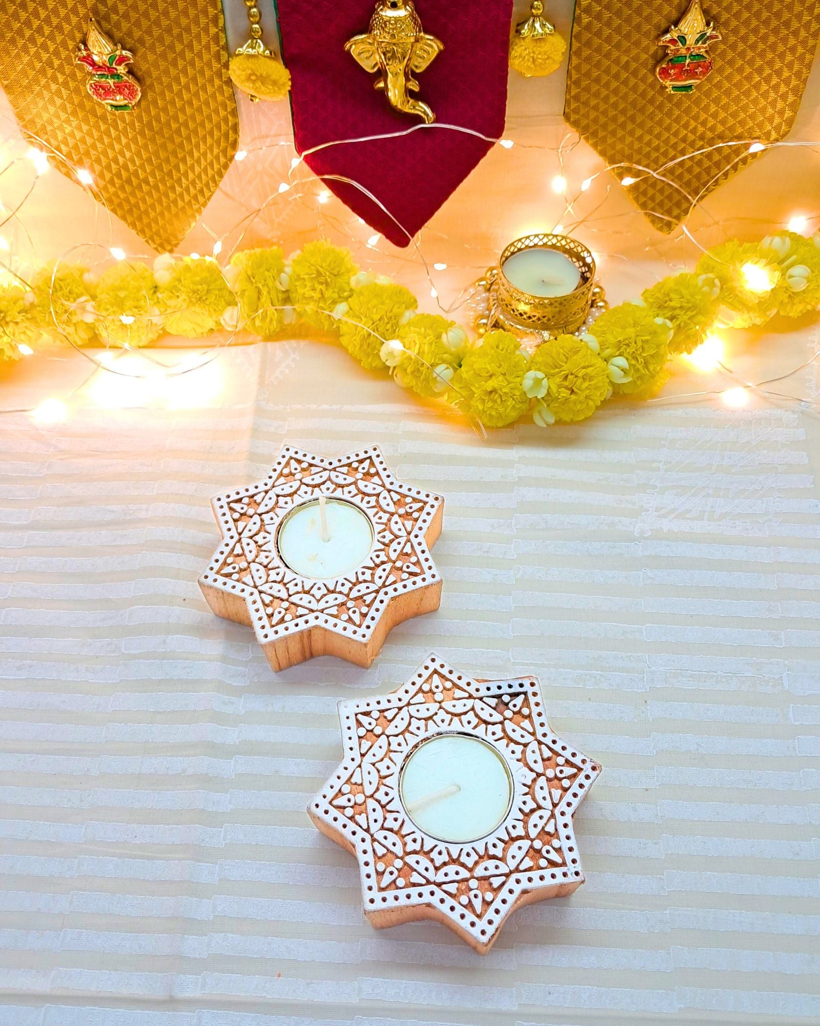 Diwali Gift Box – Wooden Block Carved Tealight Holders (Set of 2)