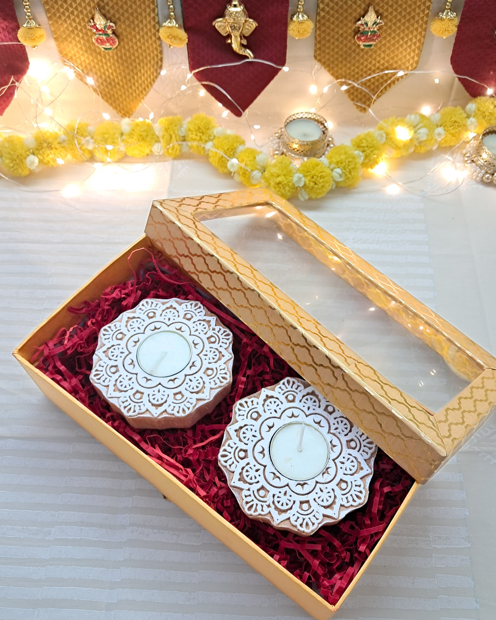 Diwali Gift Box – Wooden Block Carved Tealight Holders (Set of 2)