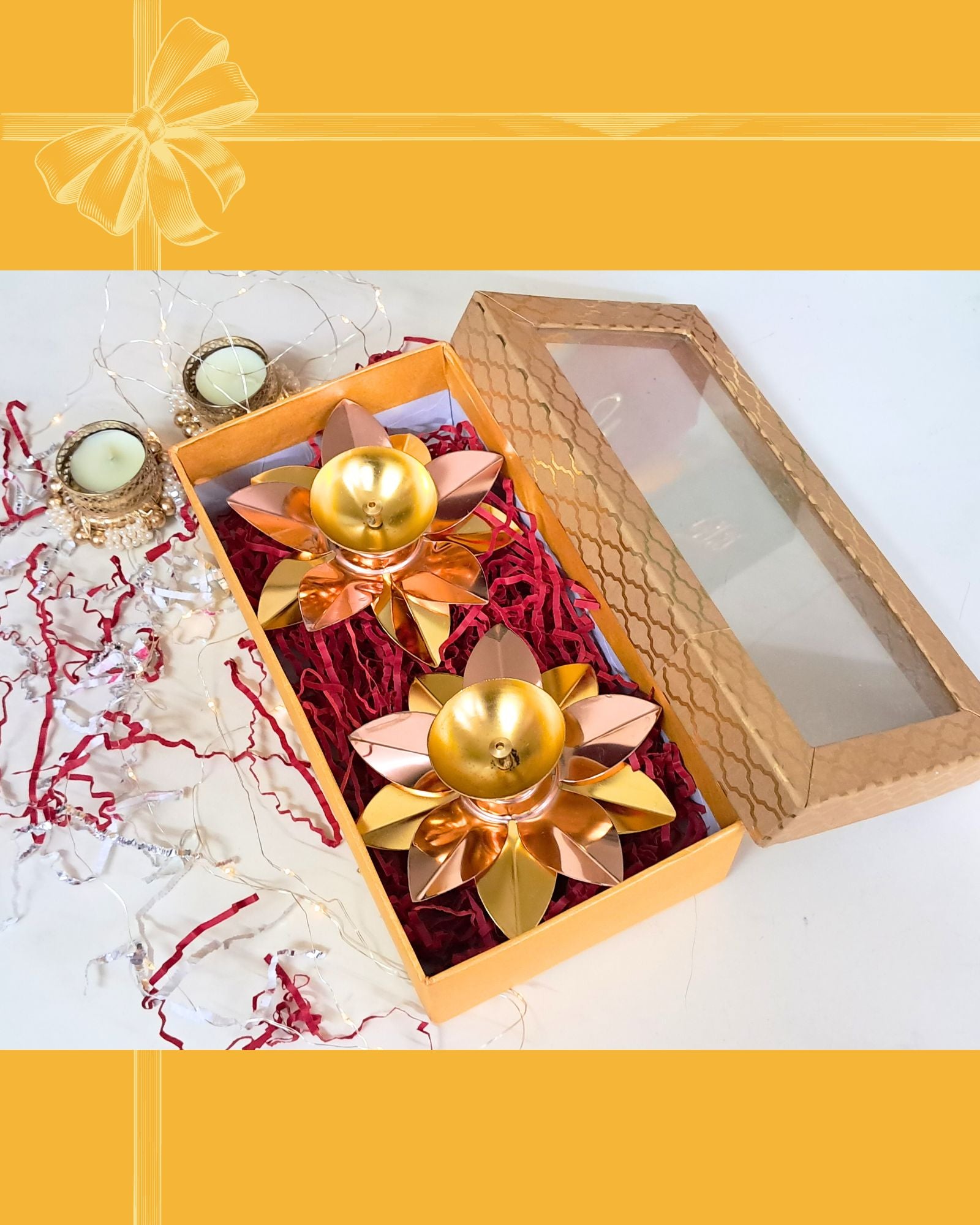 Diwali Gift Box – 5" Lotus Metal Diyas (Set of 2)