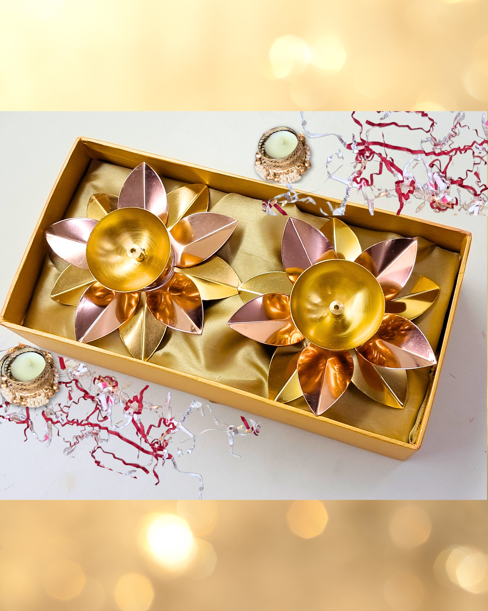 DwiDeep Gift Box – 5" Lotus Metal Diyas (Set of 2)