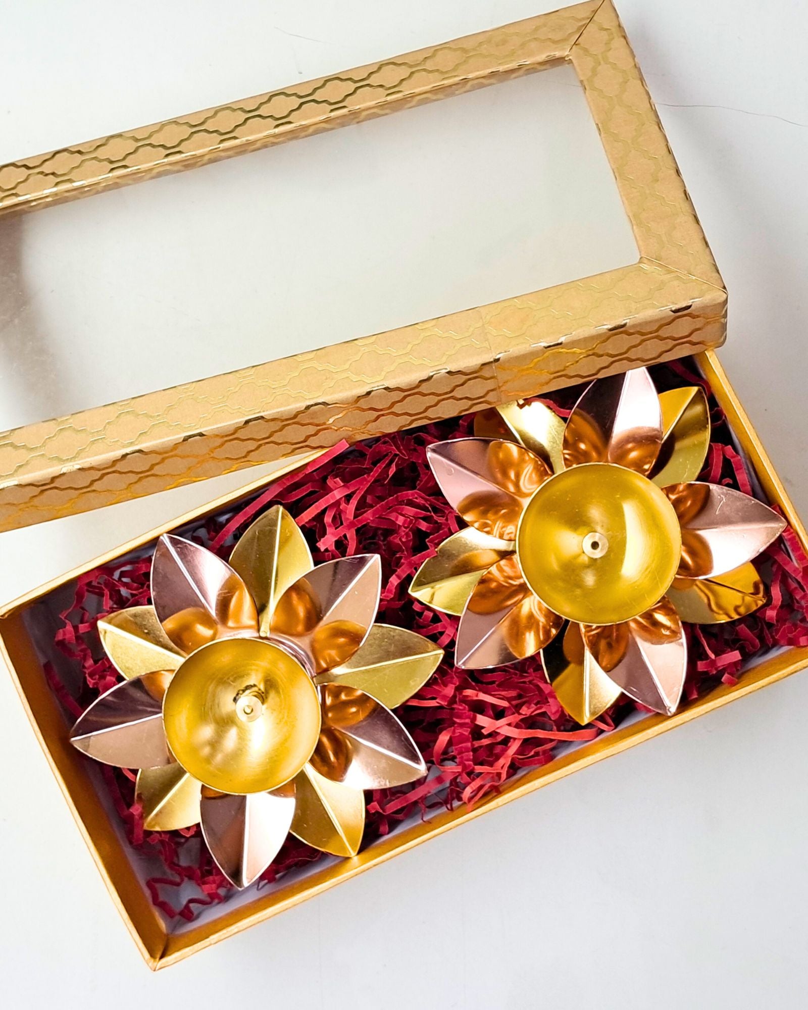 Diwali Gift Box – 5" Lotus Metal Diyas (Set of 2)