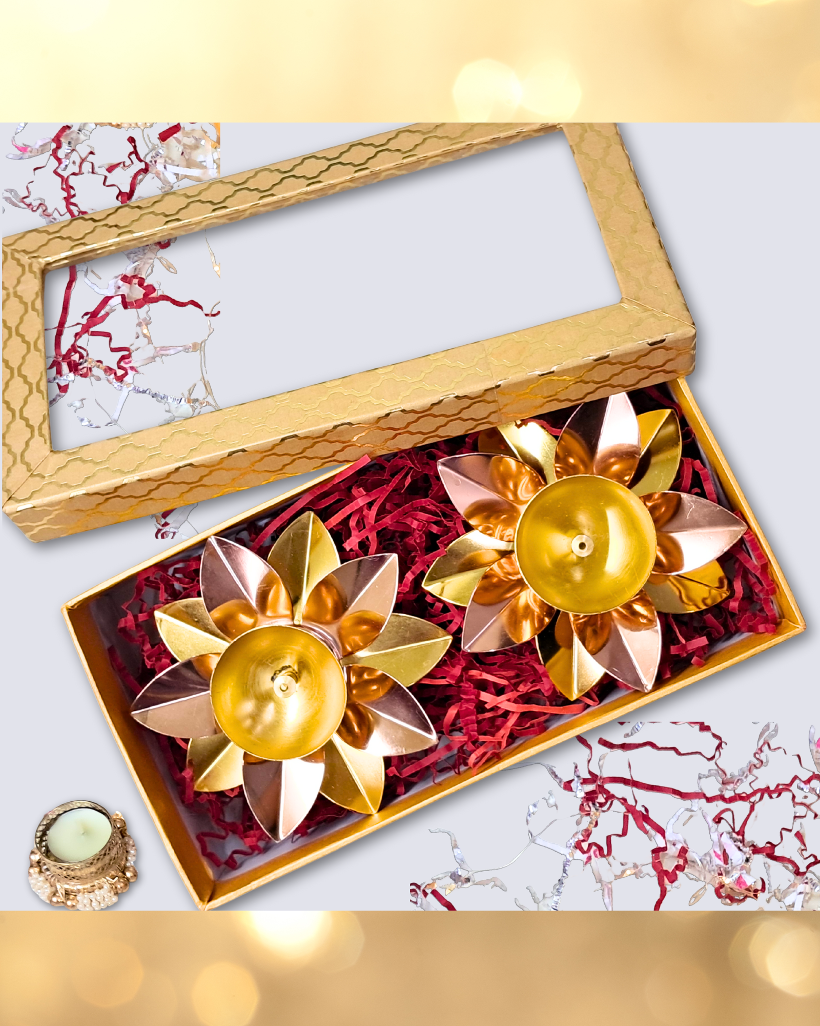 DwiDeep Gift Box – 5" Lotus Metal Diyas (Set of 2)