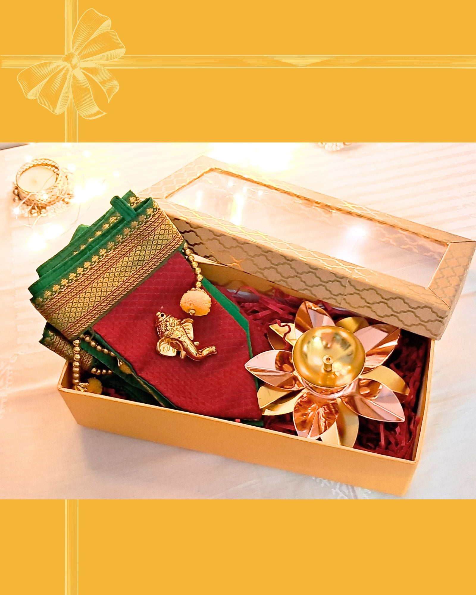 Diwali Gift Box – 5" Lotus Metal Diya with Khun Toran