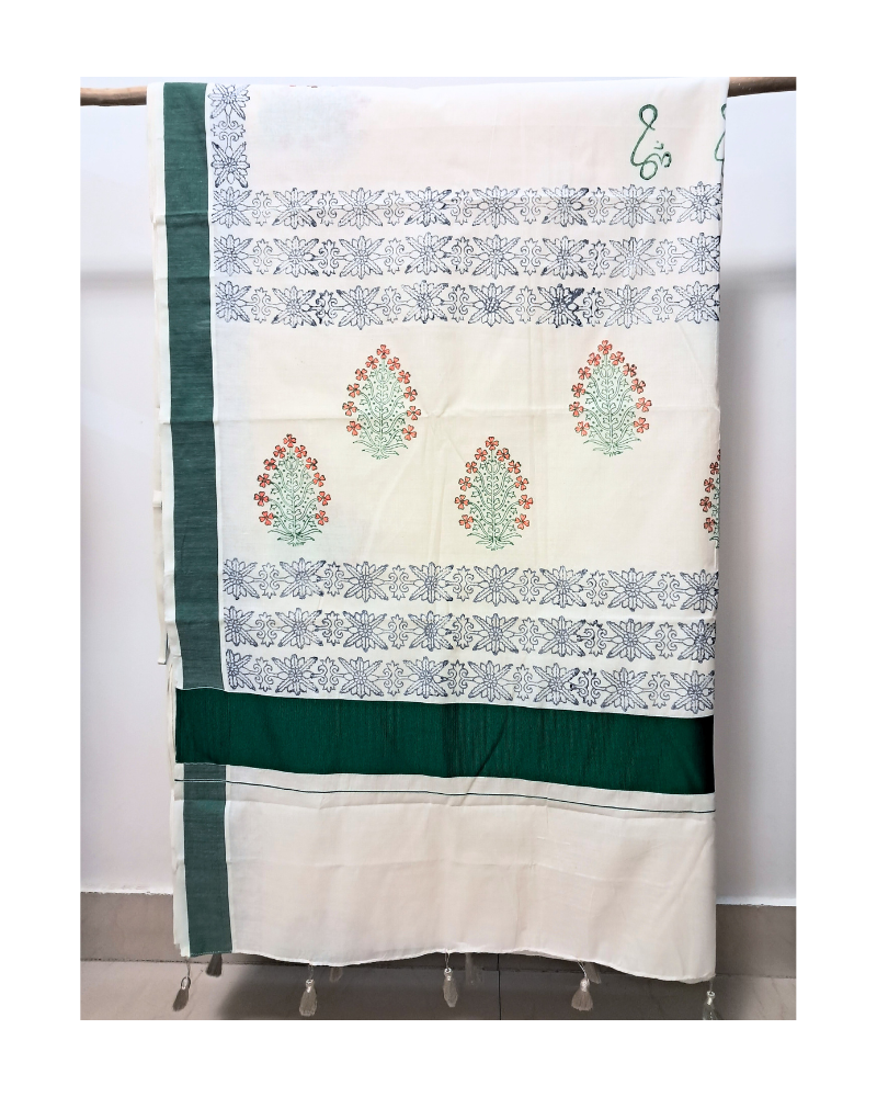 Saree: Kerala Cotton - Dark Green Border