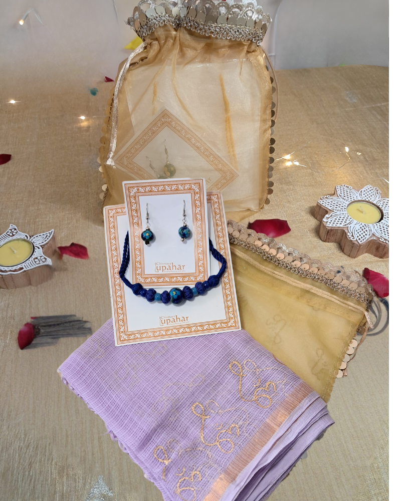 Shringar Gift Box – Kota Dupatta, Handmade Blue Pottery Necklace & Earrings