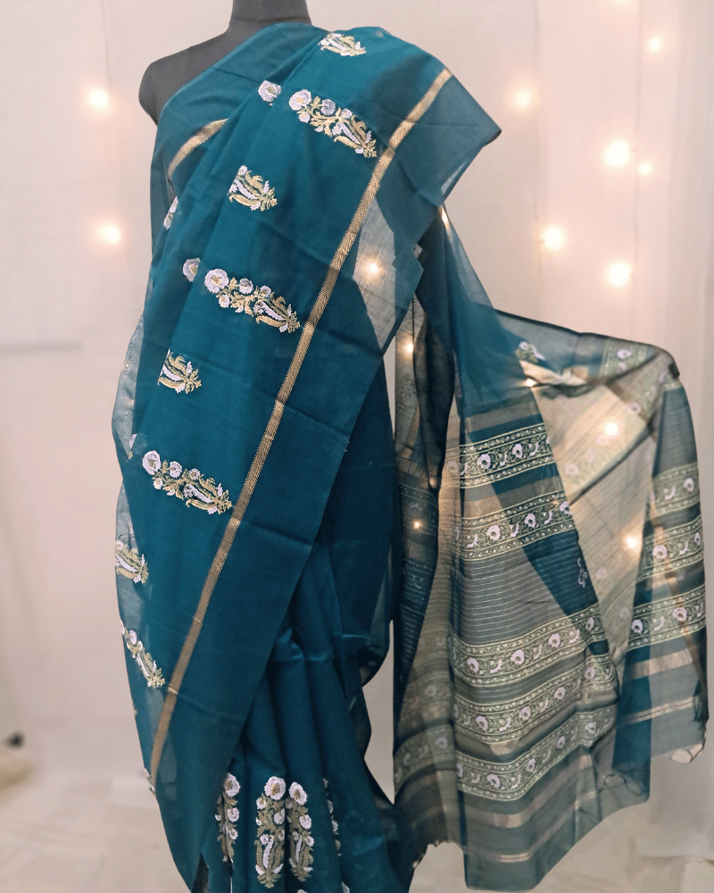 Saree: Maheshwari Silk-Cotton with Kangra Patta Border - Teal Blue