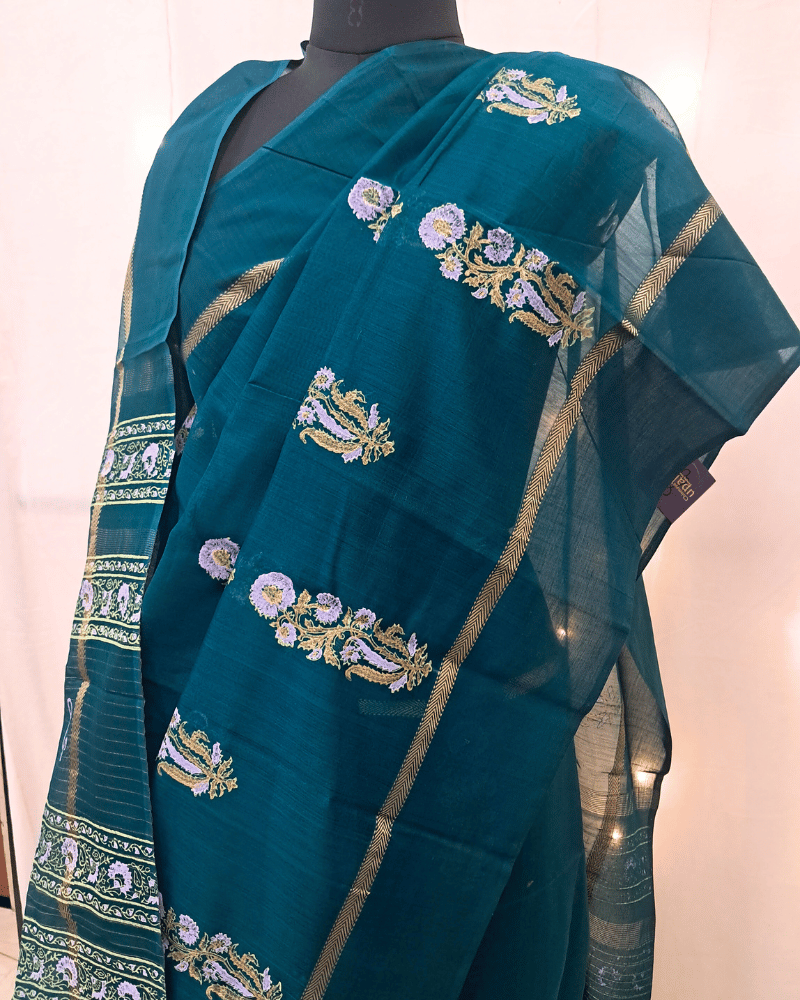 Saree: Maheshwari Silk-Cotton with Kangra Patta Border - Teal Blue