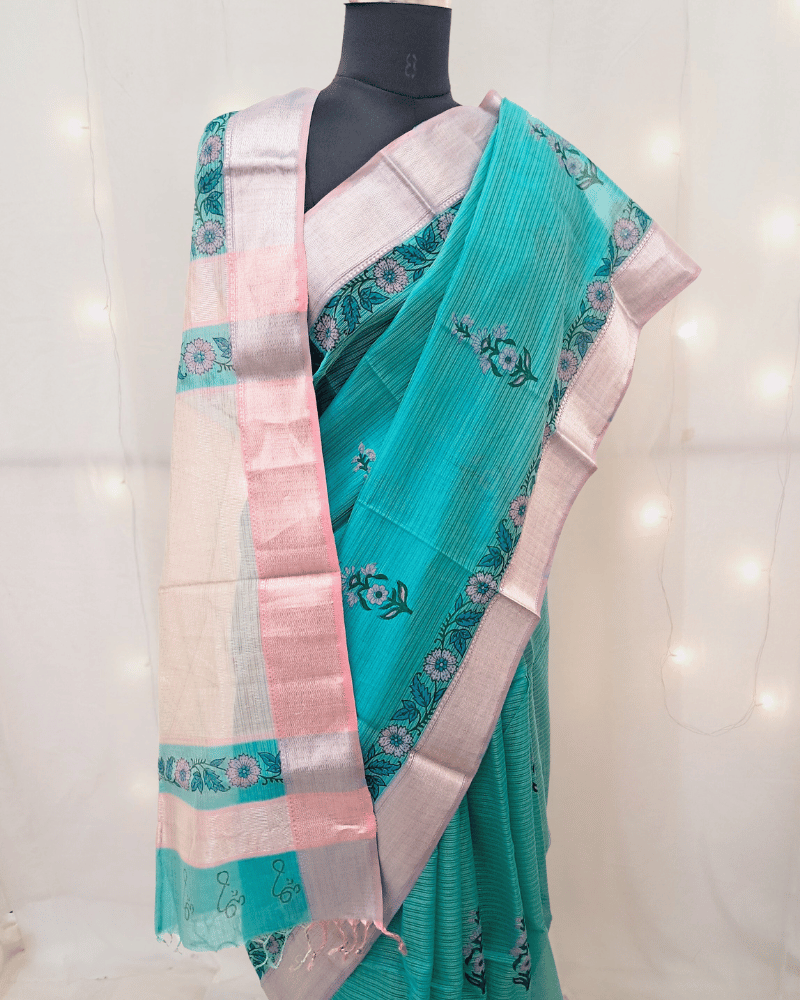 Saree: Maheshwari Silk-Cotton Big Zari Border - Blue & Pink