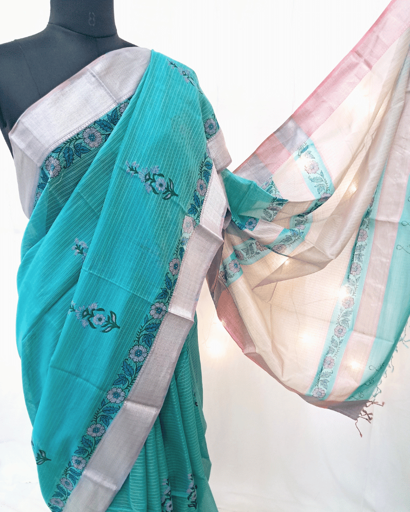 Saree: Maheshwari Silk-Cotton Big Zari Border - Blue & Pink