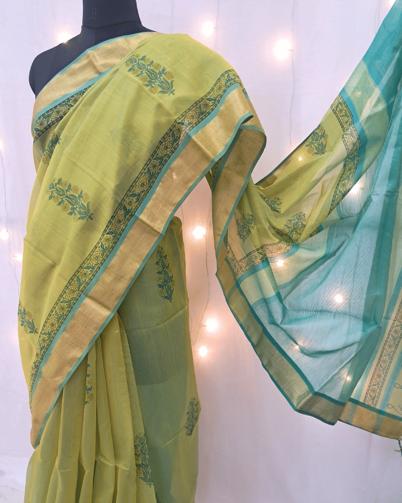 Saree: Maheshwari Silk-Cotton Big Zari Border - Green & Blue