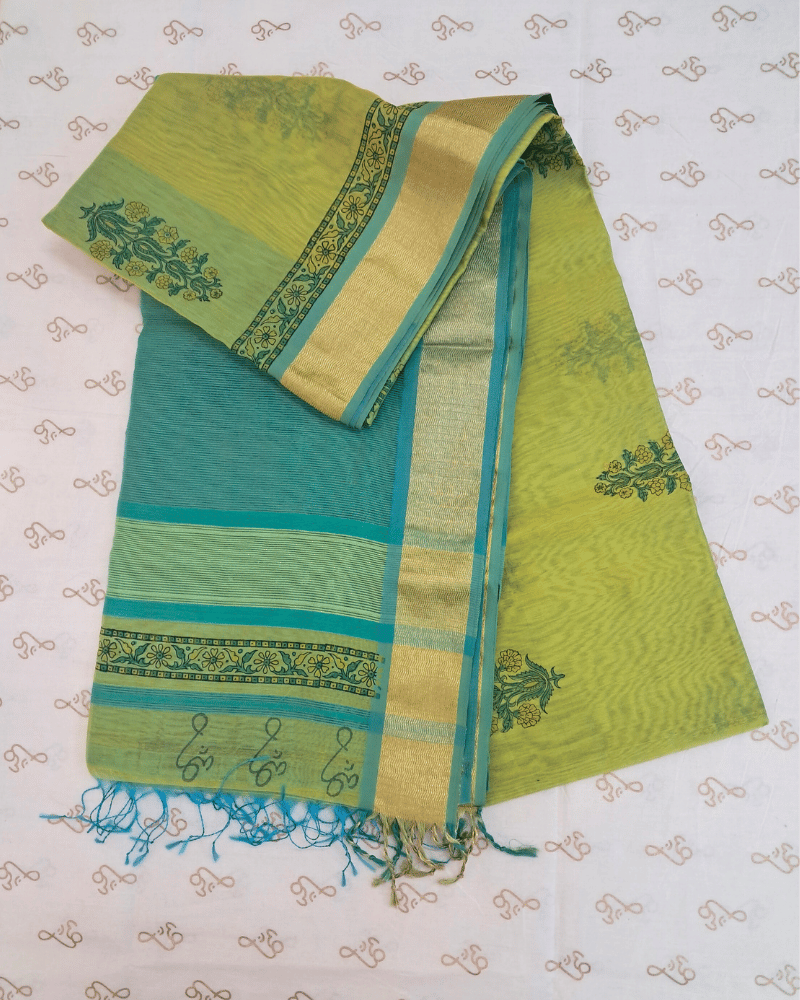 Saree: Maheshwari Silk-Cotton Big Zari Border - Green & Blue