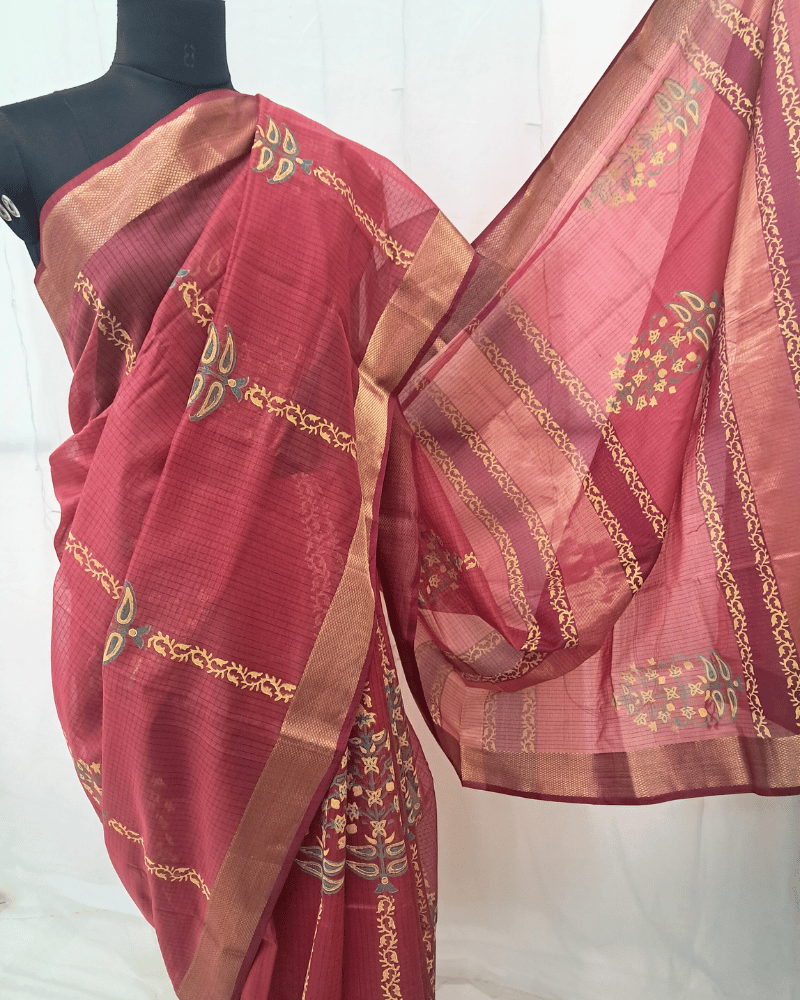 Saree: Maheshwari Silk-Cotton Big Zari Border - Dark Pink