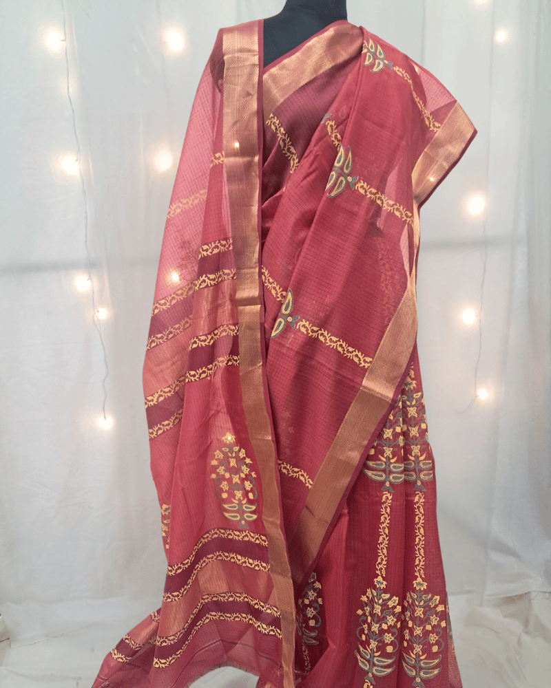 Saree: Maheshwari Silk-Cotton Big Zari Border - Dark Pink