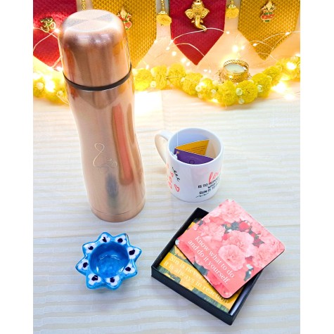 Diwali Gift Box – Steel Flask, Ceramic Mug, Blue Pottery Tealight Holder & Quote Coasters