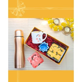 Diwali Gift Box – Steel Flask, Ceramic Mug, Blue Pottery Tealight Holder & Quote Coasters