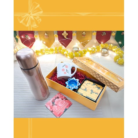 Diwali Gift Box – Steel Flask, Ceramic Mug, Blue Pottery Tealight Holder & Quote Coasters