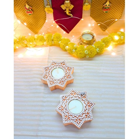 Diwali Gift Box – 2 Hand Carved Wooden Tealight Holders